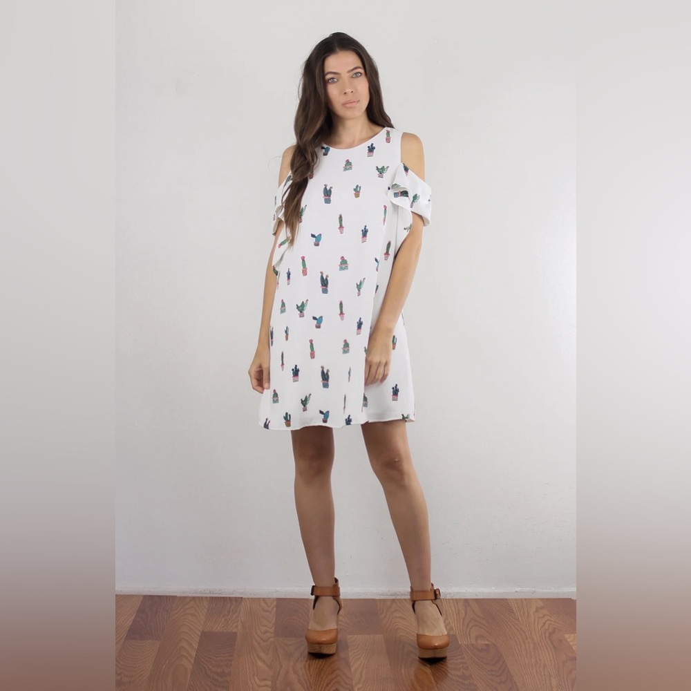 NWT Do+Be Women's Size 6 White Cactus Pattern Ruffle Sleeve Dress